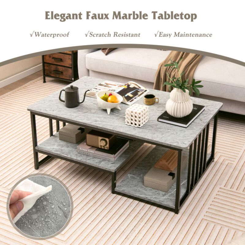 Hivvago Faux Marble Coffee Table with Open Storage Shelf