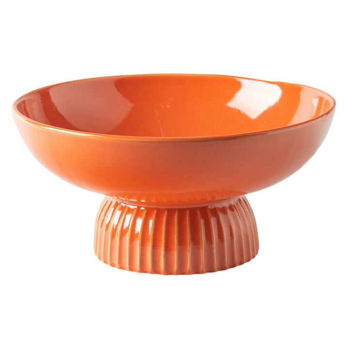 Ribbed Pedestal Fruit Bowl, Wide Basin, Glazed Orange Ceramic 11 Inch