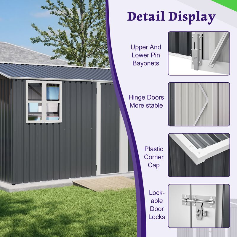 10X8FT Outdoor Steel Storage Shed with Clear Window,Lockable Doors,Weather-Resistant Metal Tool Shed image number 4