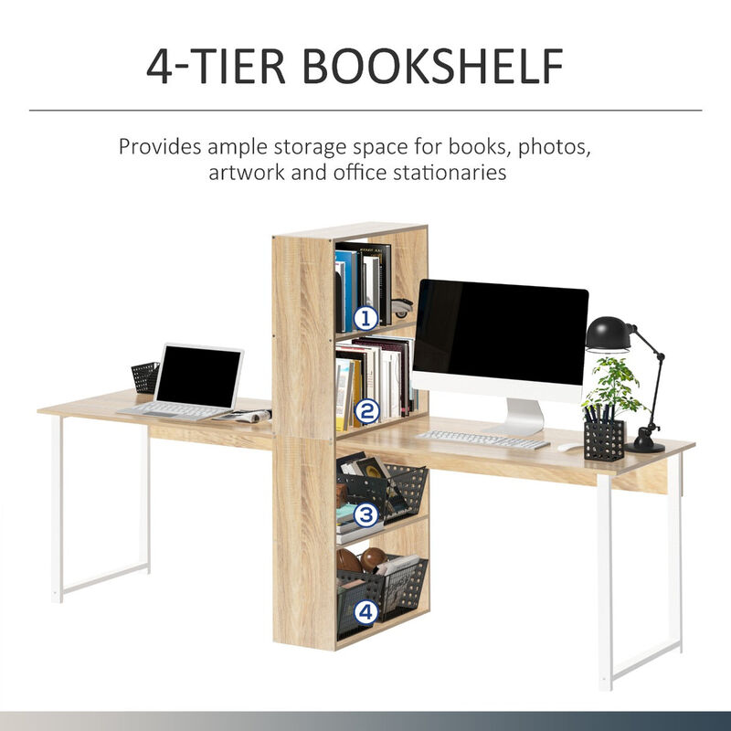 Natural Wood Duo Desk: 88" Double Workstation with Bookshelves