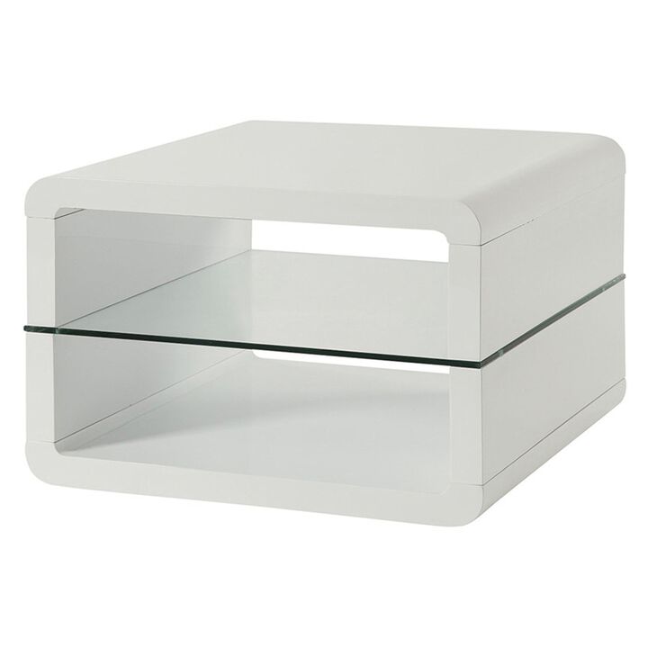 Modern End Table With Rounded Corners & Clear Tempered Glass Shelf, White-Benzara