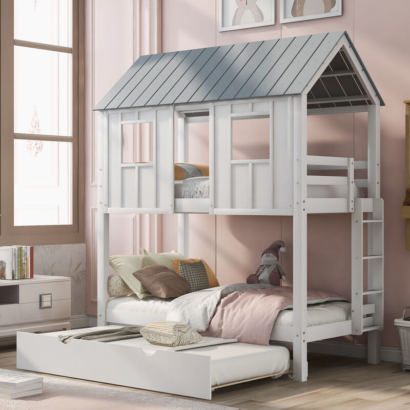 Whisen Twin Size House Bunk Bed with Trundle, Pine Wood, for Kids Teens Bedroom image number 2