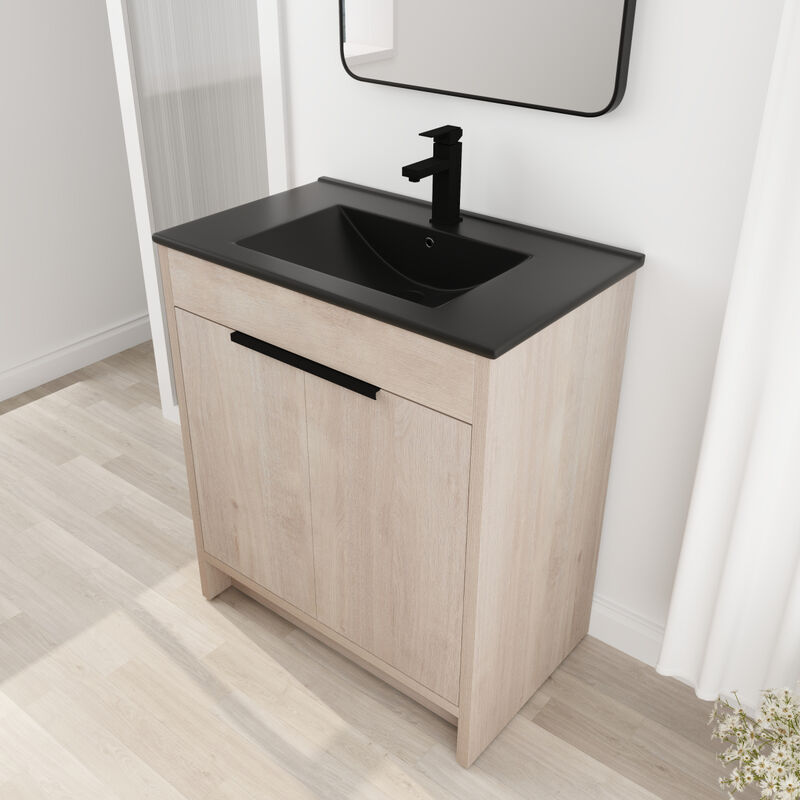 30 Inch Freestanding Bathroom Vanity with Black Ceramic Sink & 2 Soft-Close Cabinet Doors (BVB02430PLO-BL9075BK),W1286S