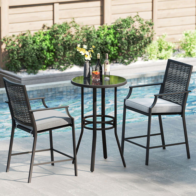 Outdoor Bar Stool Set of 2 – Rattan Counter Height Chairs with Armrest Comfort