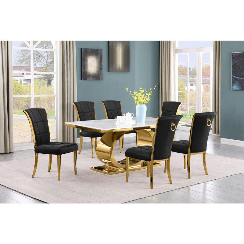 7pc Small(68") marble top dining set with gold base and 6 Black side chairs image number 1