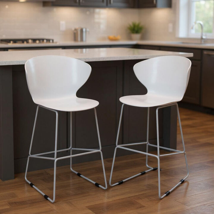 HomeRoots Set of Two 26" White and Silver Heavy Duty Plastic and Metal Low Back Counter Height Bar Chairs
