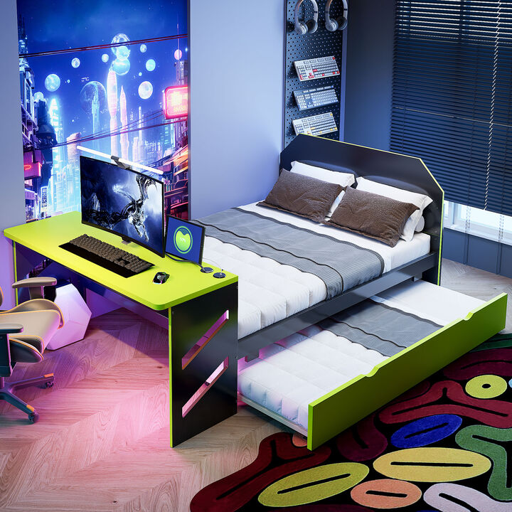 Merax Full Size Gaming Daybed with Twin Trundle, Work Desk, USB Port & Cable Hole