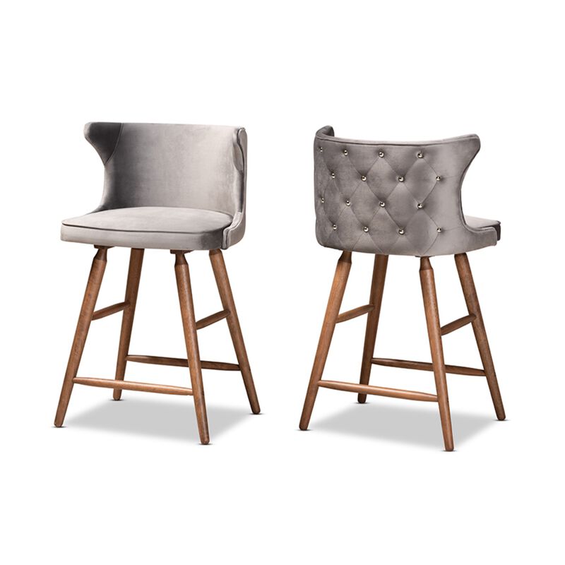 Baxton Studio Sagira Modern and Contemporary Transitional Grey Velvet Fabric Upholstered and Walnut Brown Finished Wood 2-Piece Counter Stool Set