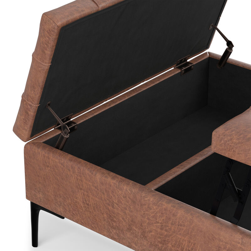 Laura 36 inch Wide Mid Century Square Mid&nbsp;Century&nbsp;Lift Top&nbsp;Storage Ottoman in Distressed Saddle Brown  Vegan Faux Leather, Assembled image number 9