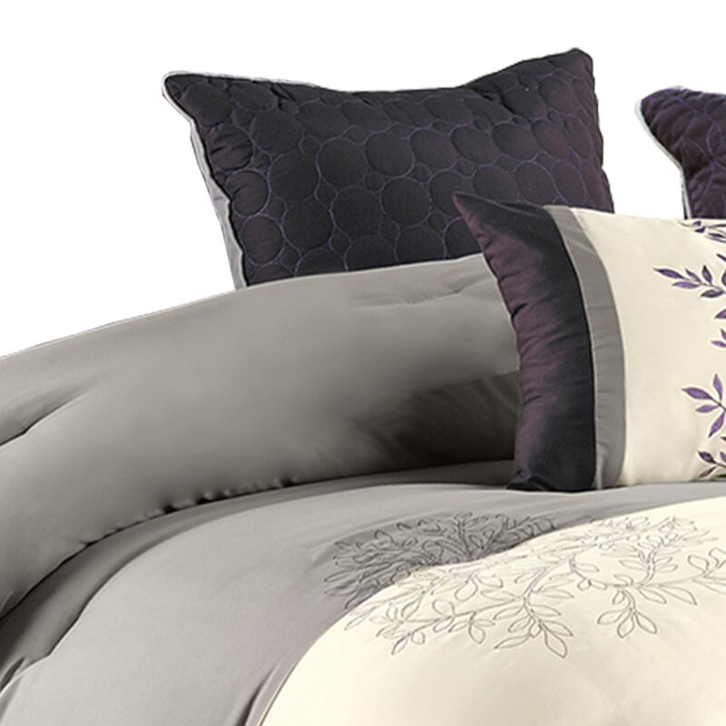 7 Piece Queen Polyester Comforter Set with Leaf Embroidery, Gray and Purple - Benzara