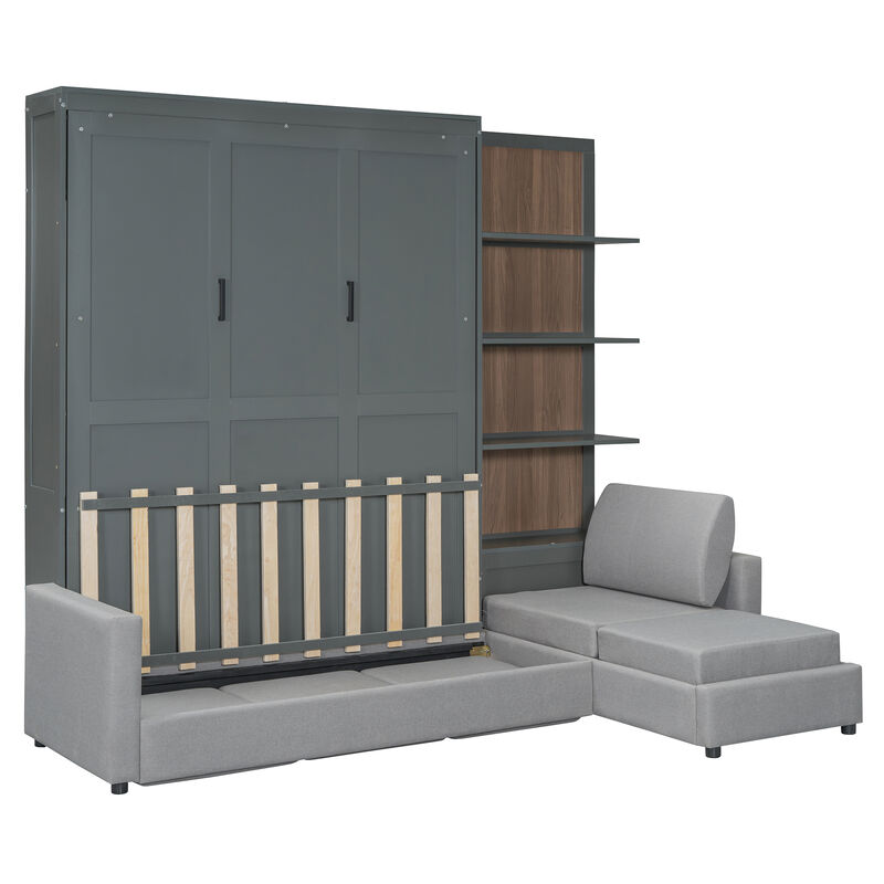 Whisen Queen Size Murphy Bed Wall Bed with Sofa and Shelves