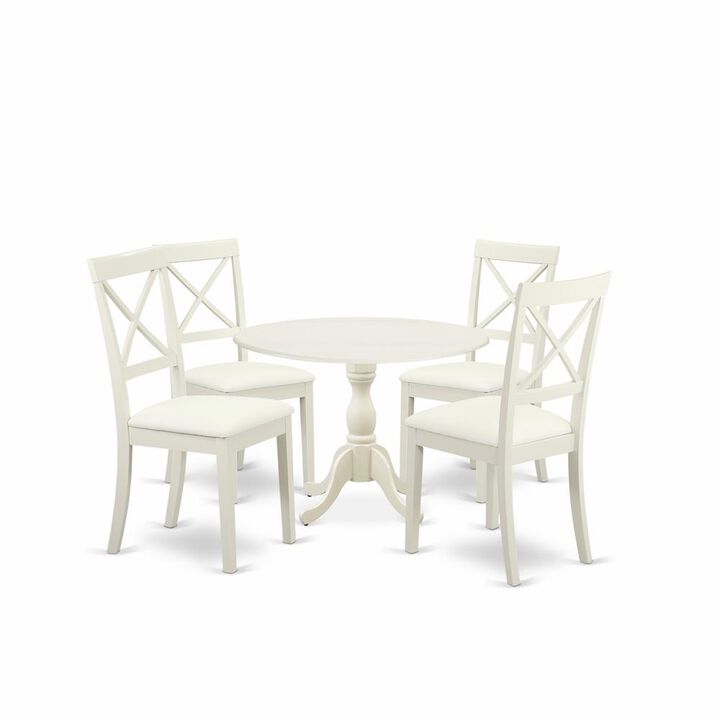 East West Furniture DMBO5-LWH-C 5 Piece Dining Room Set Includes 1 Drop Leaves Dining Room Table and 4 Linen White Faux Leather Mid Century Dining Chairs with X-Back - Linen White Finish
