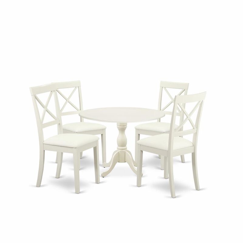 East West Furniture DMBO5-LWH-C 5 Piece Dining Room Set Includes 1 Drop Leaves Dining Room Table and 4 Linen White Faux Leather Mid Century Dining Chairs with X-Back - Linen White Finish