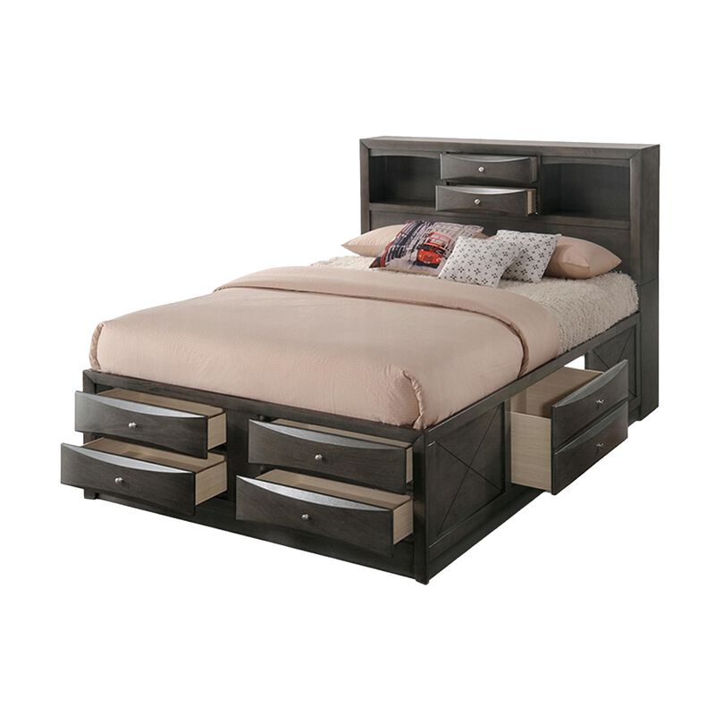 Contemporary Style Queen Size Wooden Storage Bed with Eight Spacious Drawers, Brown - Benzara