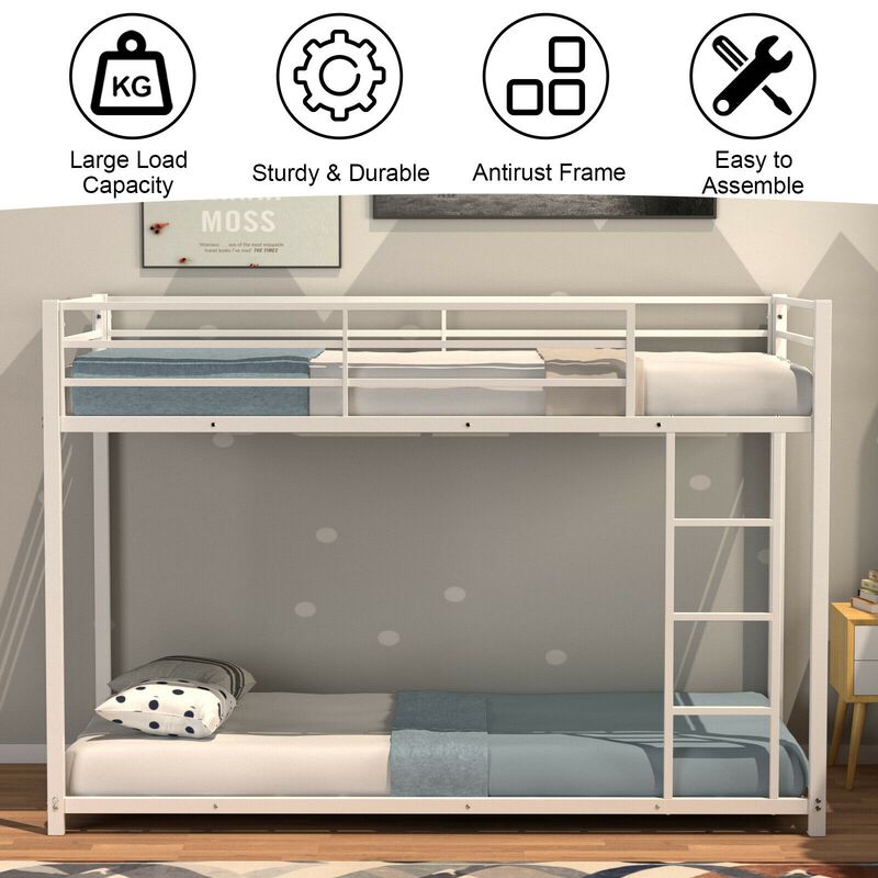 Sturdy Metal Bunk Bed Frame Twin Over Twin with Safety Guard Rails and Side Ladder