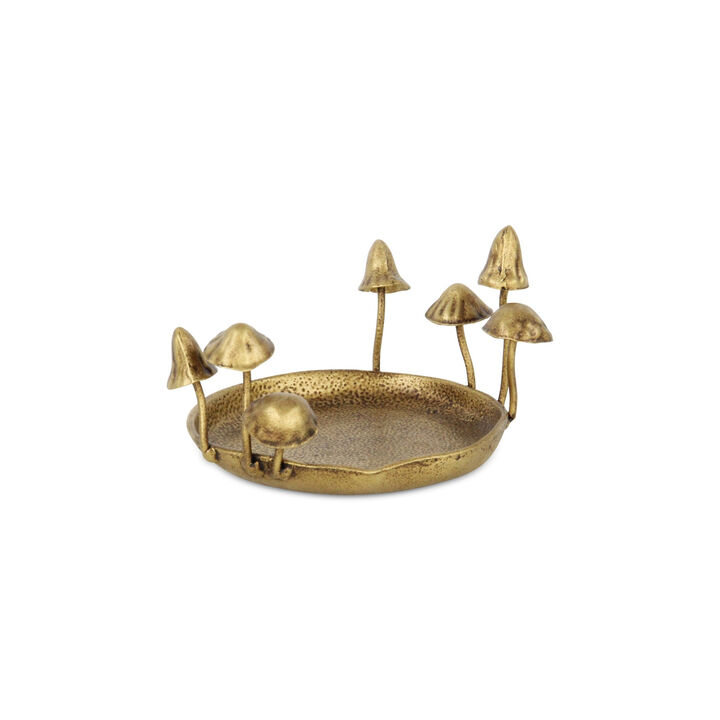 HomeRoots 6" Antiqued Gold Cast Iron Mushrooms Trinket Tray