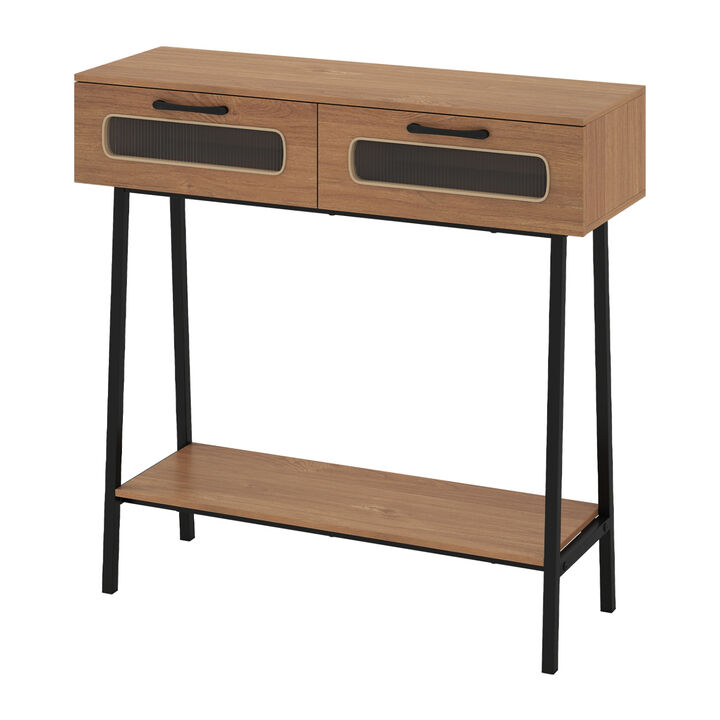 Entryway Console Table with LED Lighting and Open Display Shelf-Natural