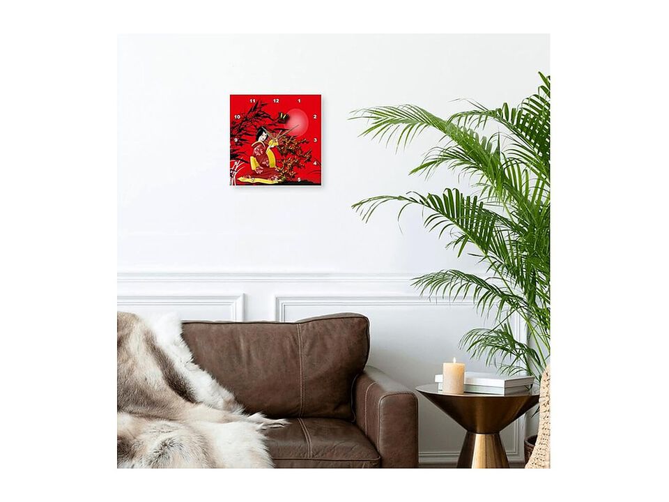 Japanese Geisha Girl Red Gold Accents Wall Clock 15 Inch Home Decor