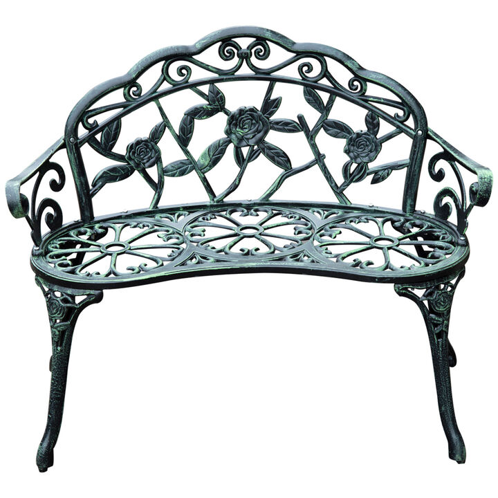 Outsunny Outdoor Bench, Cast Aluminum Outdoor Furniture, Metal Bench with Floral Rose Accent & Antique Finish, Green