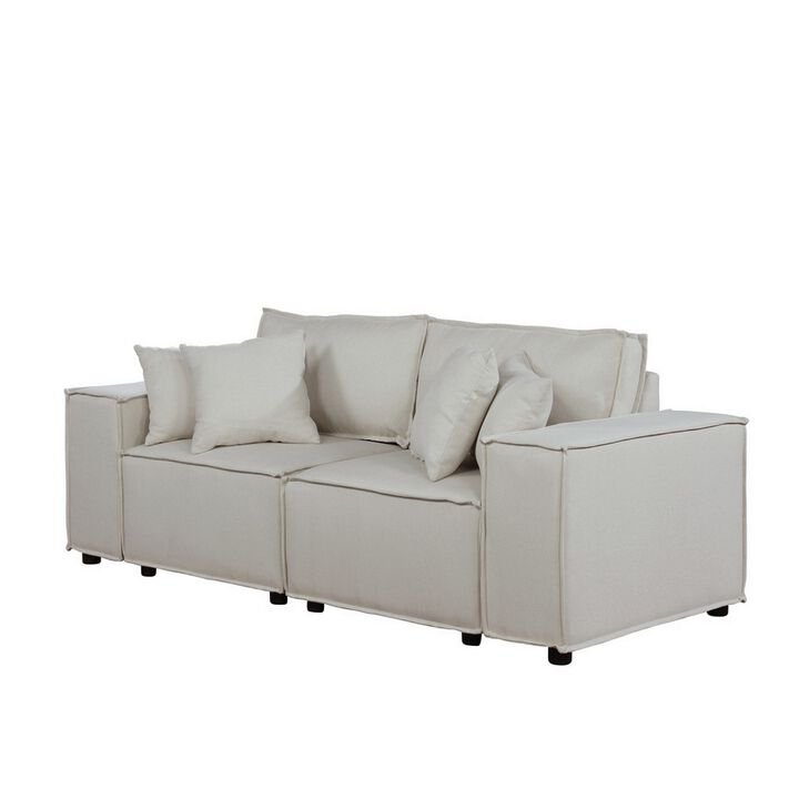 Kenzo 76 Inch Modular Loveseat with Pillows and Padded Seats, Beige Fabric-Benzara