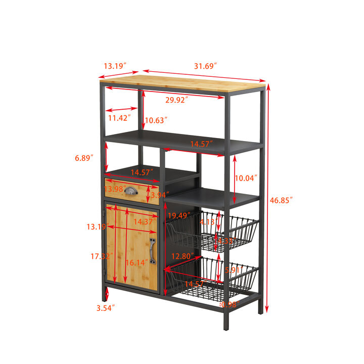 Multipurpose Bookshelf Storage Rack, with Drawer Cabinet and Two Storage Baskets, for Living Room, Home Office, Kitchen