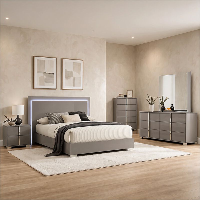 Suni 5pc Queen Bedroom Set w LED Headboard, Light Taupe Gray, Tall Dresser image number 6