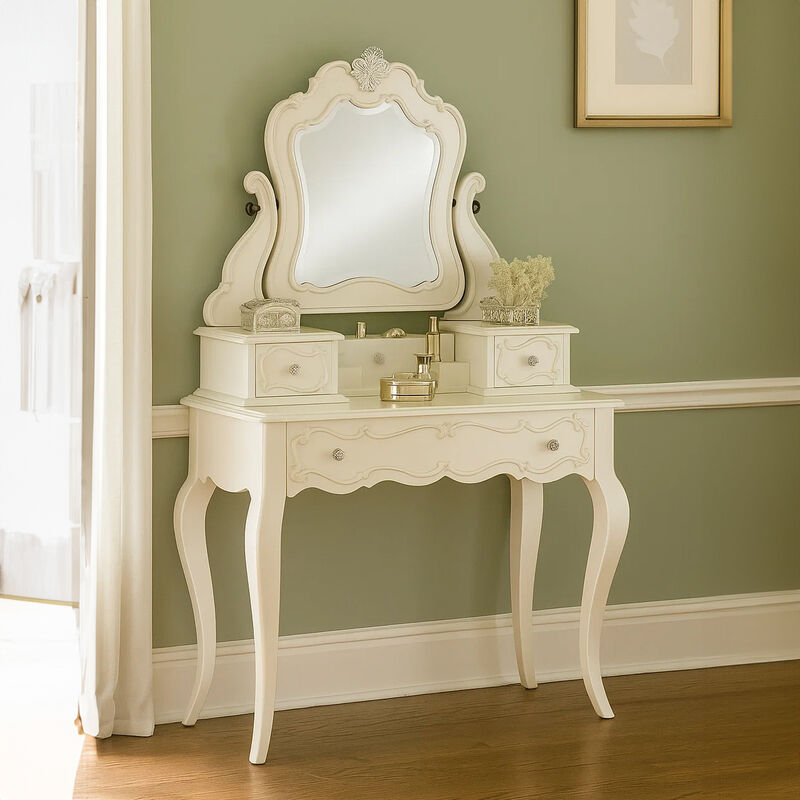 63 Inch Wood Classic Vanity Desk with Mirror, 3 Drawers, Carved, White