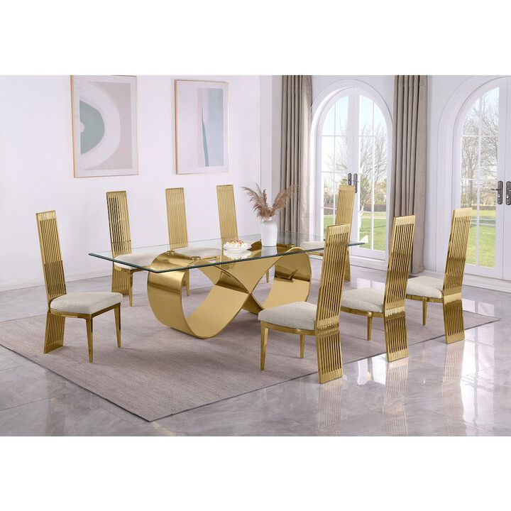 Best Quality Furniture 9Pc Tempered Glass Dining Set With 8 Cream Boucle Fabric Side Chairs