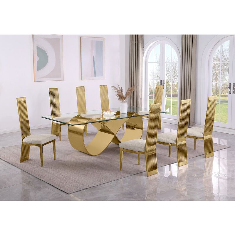 Best Quality Furniture 9Pc Tempered Glass Dining Set With 8 Cream Boucle Fabric Side Chairs