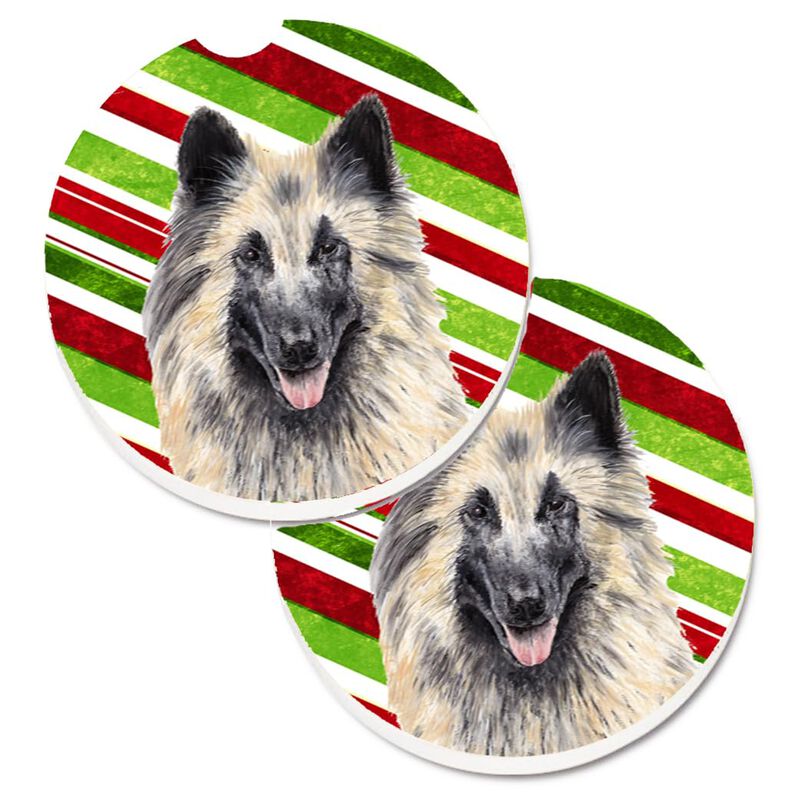 Caroline's Treasures Belgian Tervuren Candy Cane Holiday Christmas Set of 2 Cup Holder Car Coasters SC9352CARC, 2.56, Multicolor image number 0