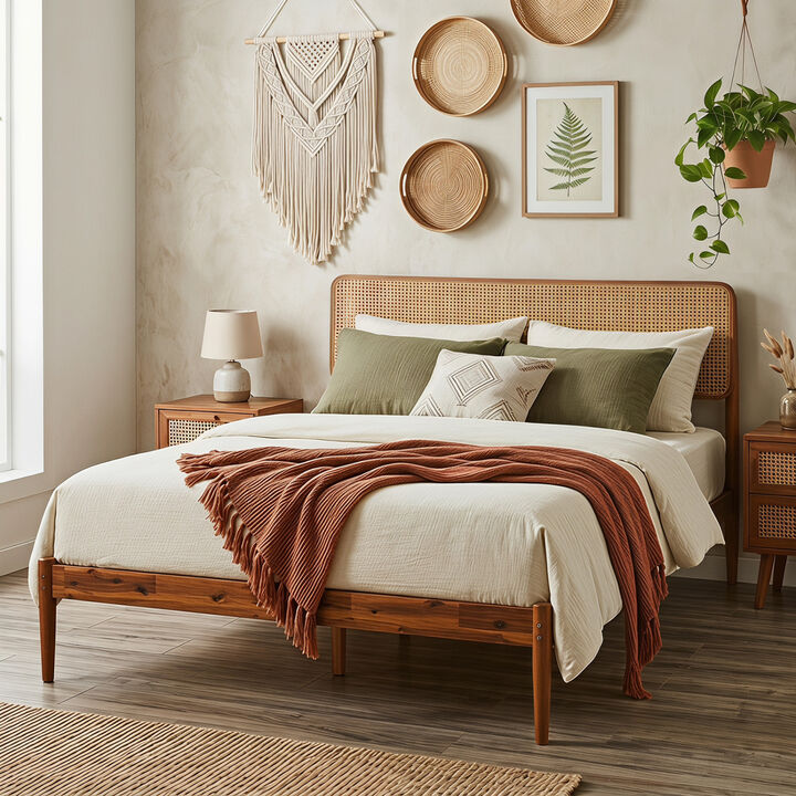 Wooden Bed Frame with Rattan Headboard and Slat Support for Bedroom