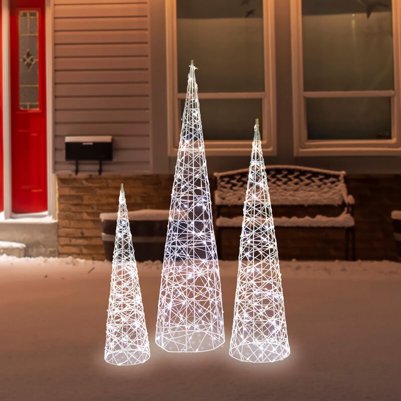 Set of 3 LED Lighted Twinkling Cone Trees Christmas Yard Decoration - Cool White Lights