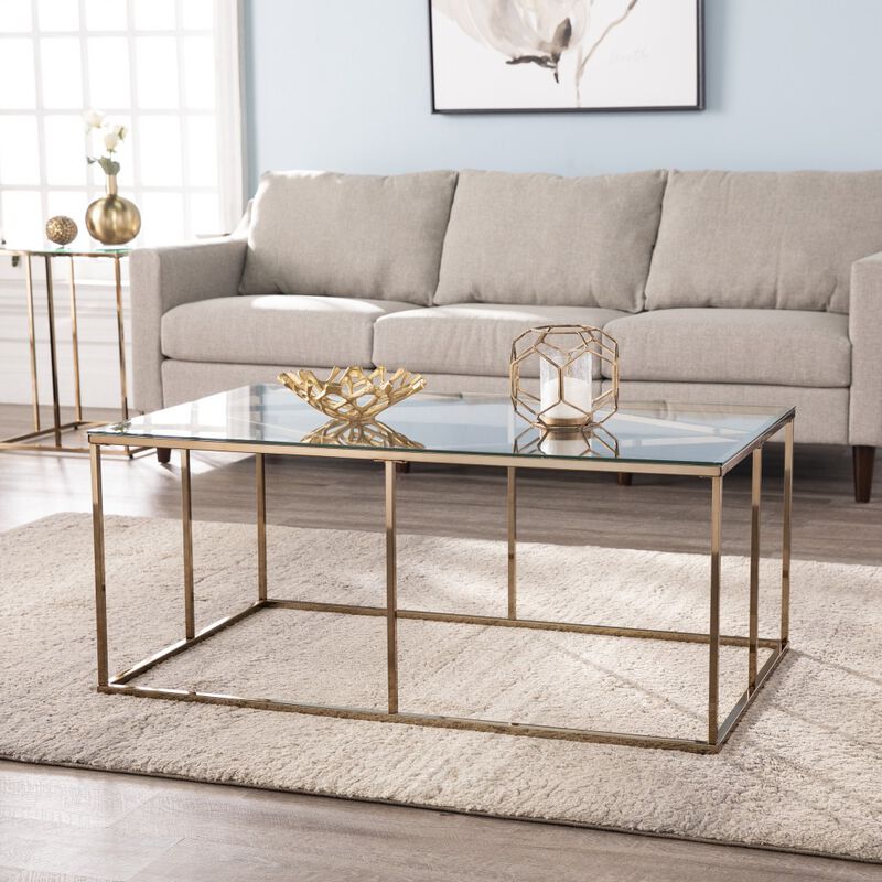 Hivvago 42 Inch  Clear and Champagne Glass and Metal Coffee Table
