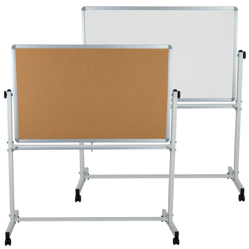Flash Furniture 53"W x 59"H Reversible Mobile Cork Bulletin Board and White Board with Pen Tray image number 0