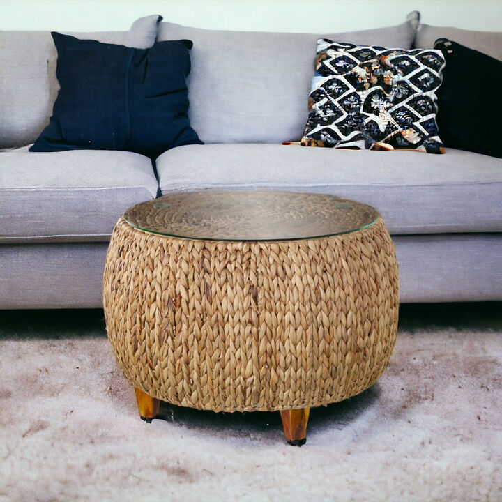 Hivvago 28 Inch Natural And Natural Brown Glass And Solid Wood Round Coffee Table
