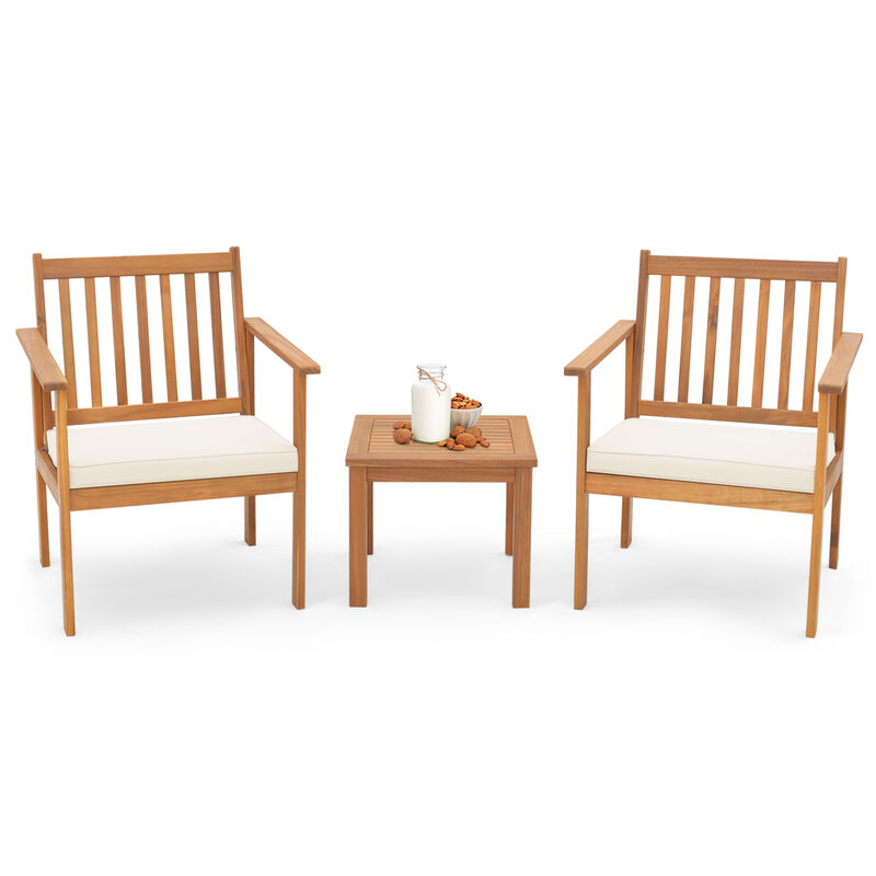 3 Pieces Patio Wood Furniture Set with soft Cushions for Porch