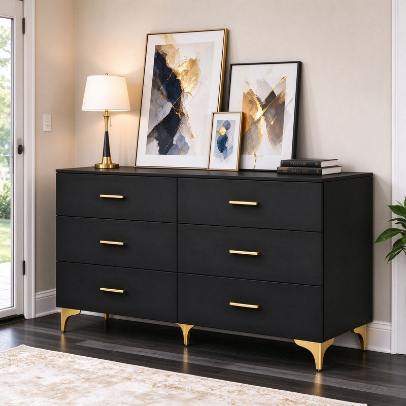 47" Black 6 Drawer Dresser with Gold Handles & Legs, Modern Glam Storage Cabinet image number 1