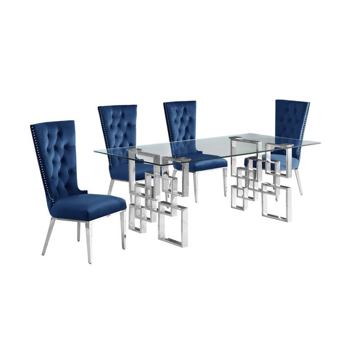 5-piece glam dining set with 4 navy blue chairs and a 79" long glass  table