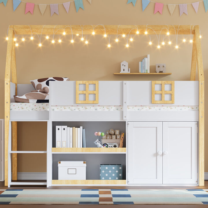 Merax Twin & Full Size Low Loft Bed with Staircase, Storage, Cabinet & LED Lights
