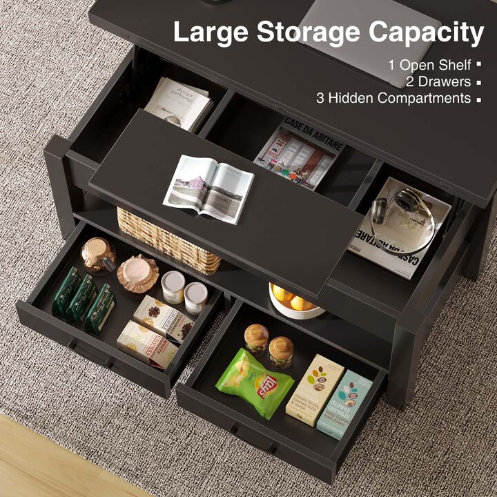 Rolanstar Coffee Table Lift Top, Multi-Function Convertible Coffee Table with Drawers and Hidden Compartment, Coffee Table Conve