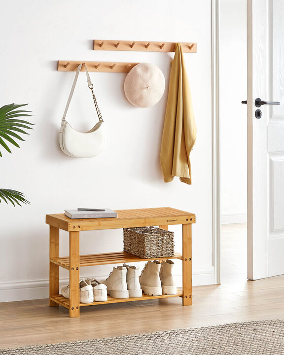 Shoe Bench with 3 Wicker Tiers – Compact Storage Rack with Seat for Bedroom, Entryway or Closet Use