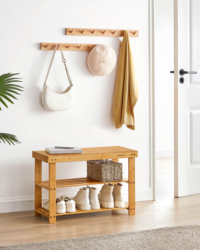 Shoe Bench with 3 Wicker Tiers &ndash; Compact Storage Rack with Seat for Bedroom, Entryway or Closet Use