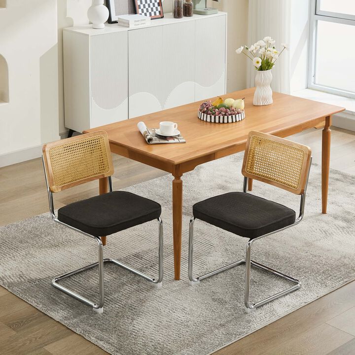 Whisen 2-Piece Mid Century Dining Chairs, Linen Upholstered with Cane Back & Chrome Base, Cantilever Design for Kitchen
