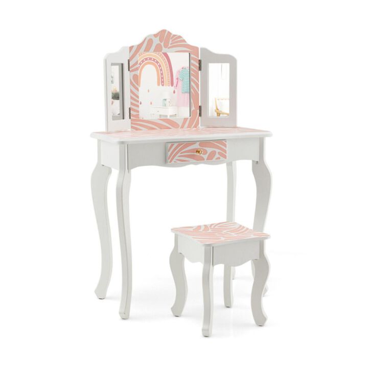Hivvago 2-in-1 Kids Vanity Table Set with Tri-folding Mirror-Pink