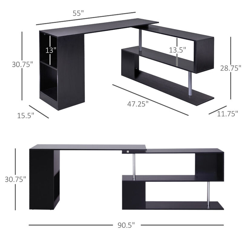 Black Corner Workstation: 55" 360° Rotating L-Shaped Computer Desk