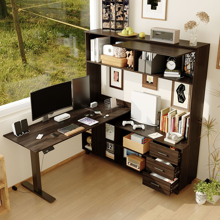 FUFU&GAGA L-Shaped Standing Desk with Hutch &ndash; Adjustable Height Computer Desk with Storage Drawers & Shelves, (63" W x 68.3" H x 63" D), Rustic Brown
