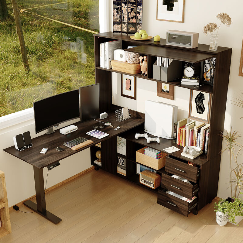 FUFU&GAGA L-Shaped Standing Desk with Hutch &ndash; Adjustable Height Computer Desk with Storage Drawers & Shelves, (63" W x 68.3" H x 63" D), Rustic Brown image number 1