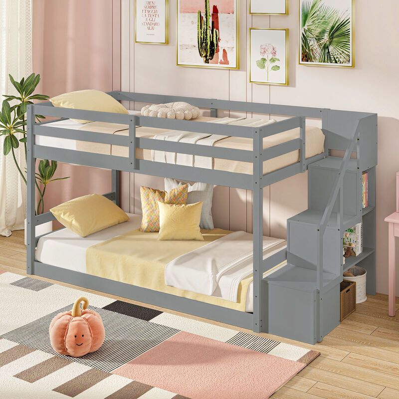 Solid Wood Twin Over Twin Low Bunk Bed with Storage Stairs image number 4