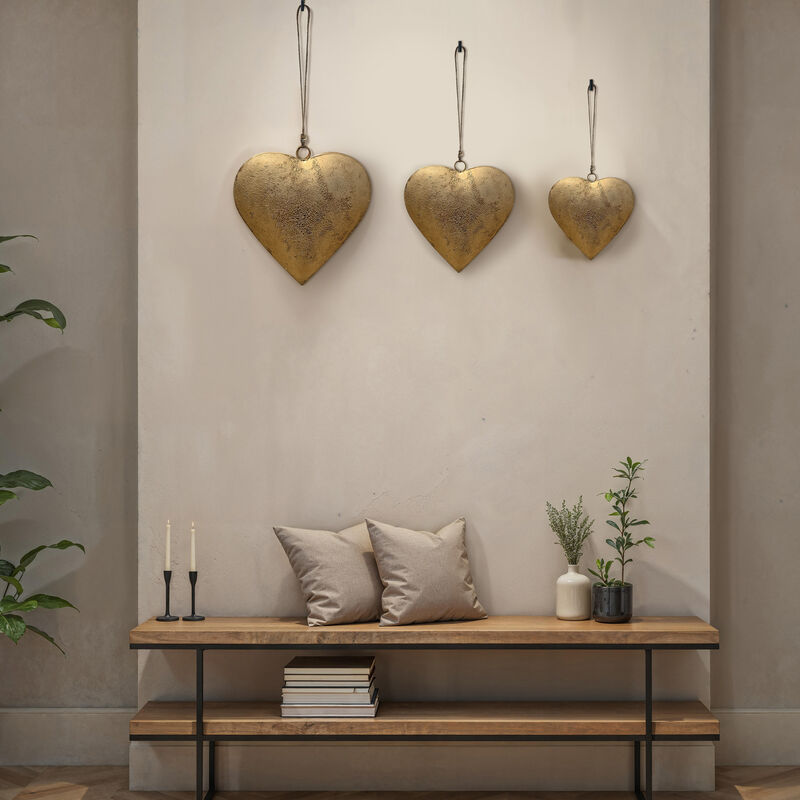 Myri Decorative Metal Heart Wall Decor Set of 3, Antique Gold Iron with Jute Hanging Rope, 12, 9.5, 7 Inches