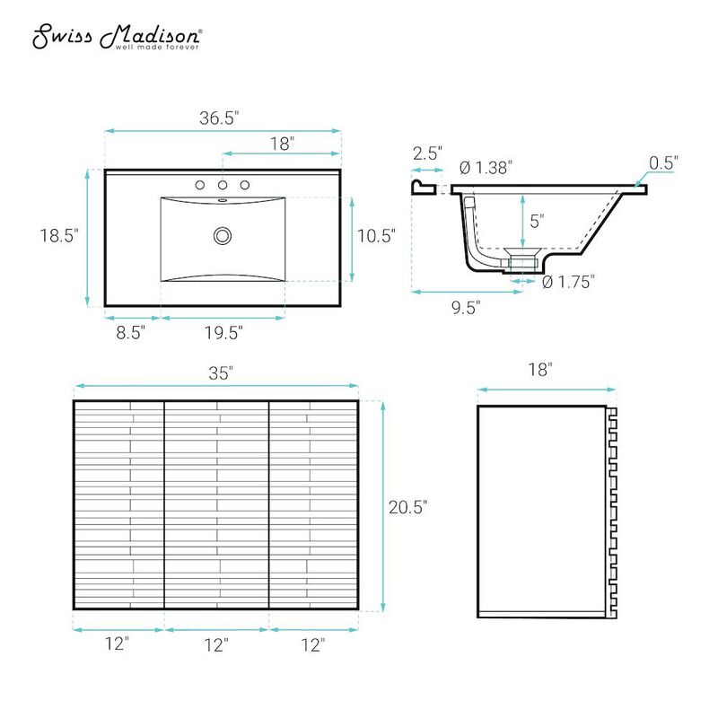 36" Wall-Mounted Bathroom Vanity in White Oak with 3-Hole Widespread Sink Top image number 1